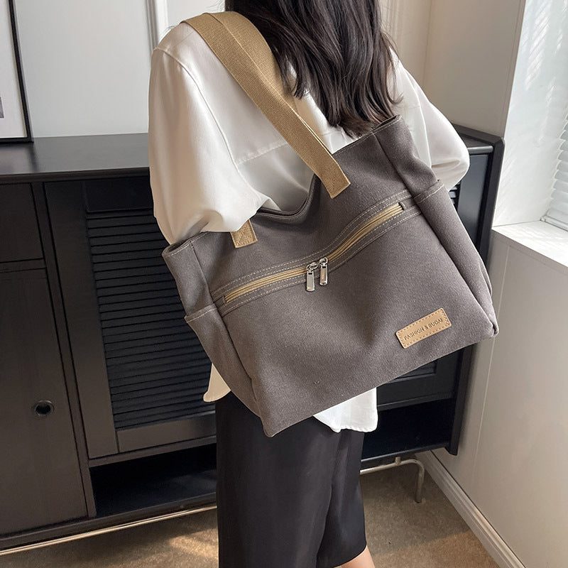 Canvas Tote Bag - Contrast Color Shoulder Handbag with Pockets