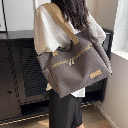 Canvas Tote Bag - Contrast Color Shoulder Handbag with Pockets