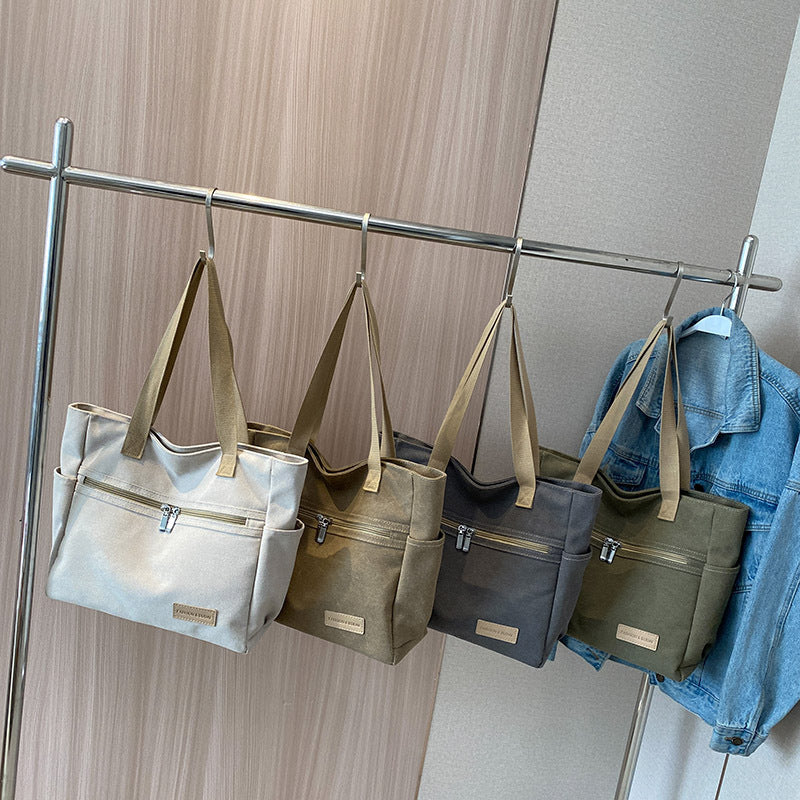 Canvas Tote Bag - Contrast Color Shoulder Handbag with Pockets