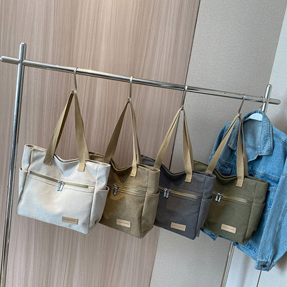Canvas Tote Bag - Contrast Color Shoulder Handbag with Pockets