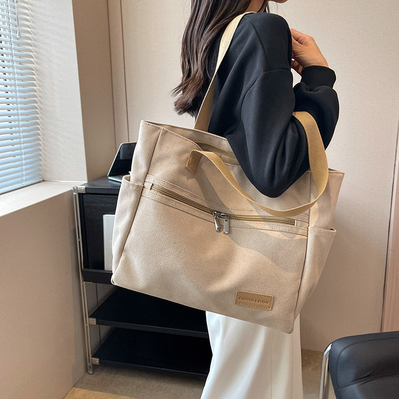 Canvas Tote Bag - Contrast Color Shoulder Handbag with Pockets