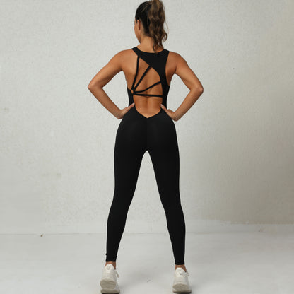 Women's High-Waist Yoga Jumpsuit - V-Back Sleeveless Athletic Bodysuit