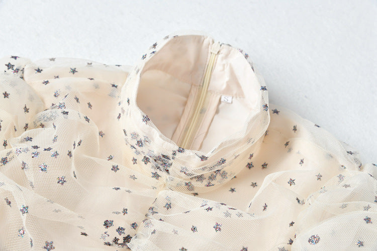 Women's Starlit Mesh Silk Wrap Dress - Shimmering Star Print Evening Dress with Metallic Accents