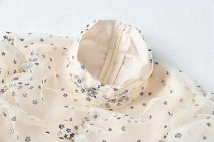 Women's Starlit Mesh Silk Wrap Dress - Shimmering Star Print Evening Dress with Metallic Accents