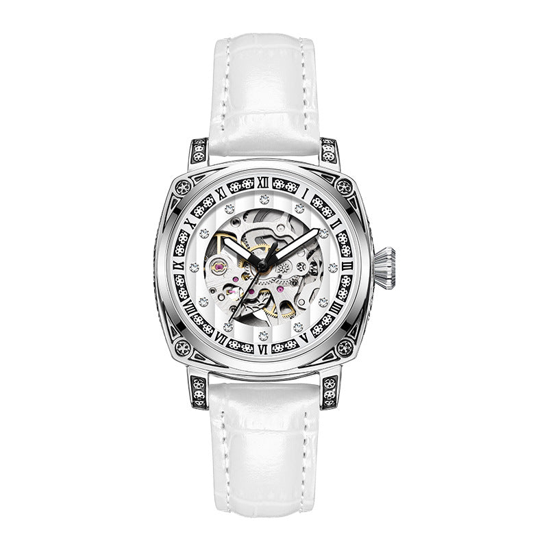 Fashion Mechanical Watch | Luminous Hands | 10m Water Resistant | Leather & Steel Strap | White, Black, Red, Steel Strip