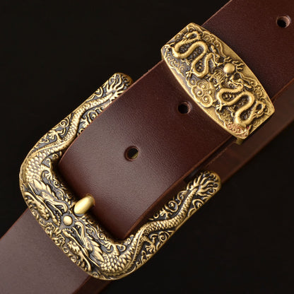 Men's Genuine Leather Belt with Solid Brass Buckle - Casual Pin Buckle