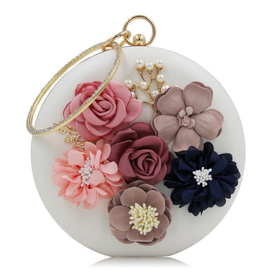 Elegant Round Box Clutch with Floral Detail - PU Leather Evening Bag