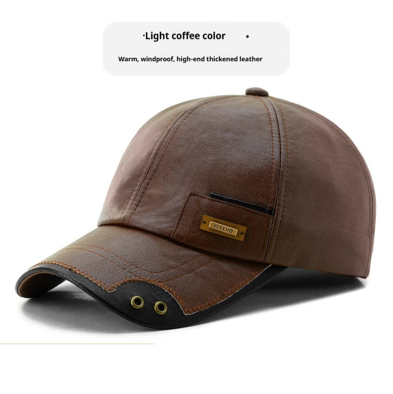 Winter Leather Fleece-Lined Baseball Cap - Warm Windproof Adjustable Hat