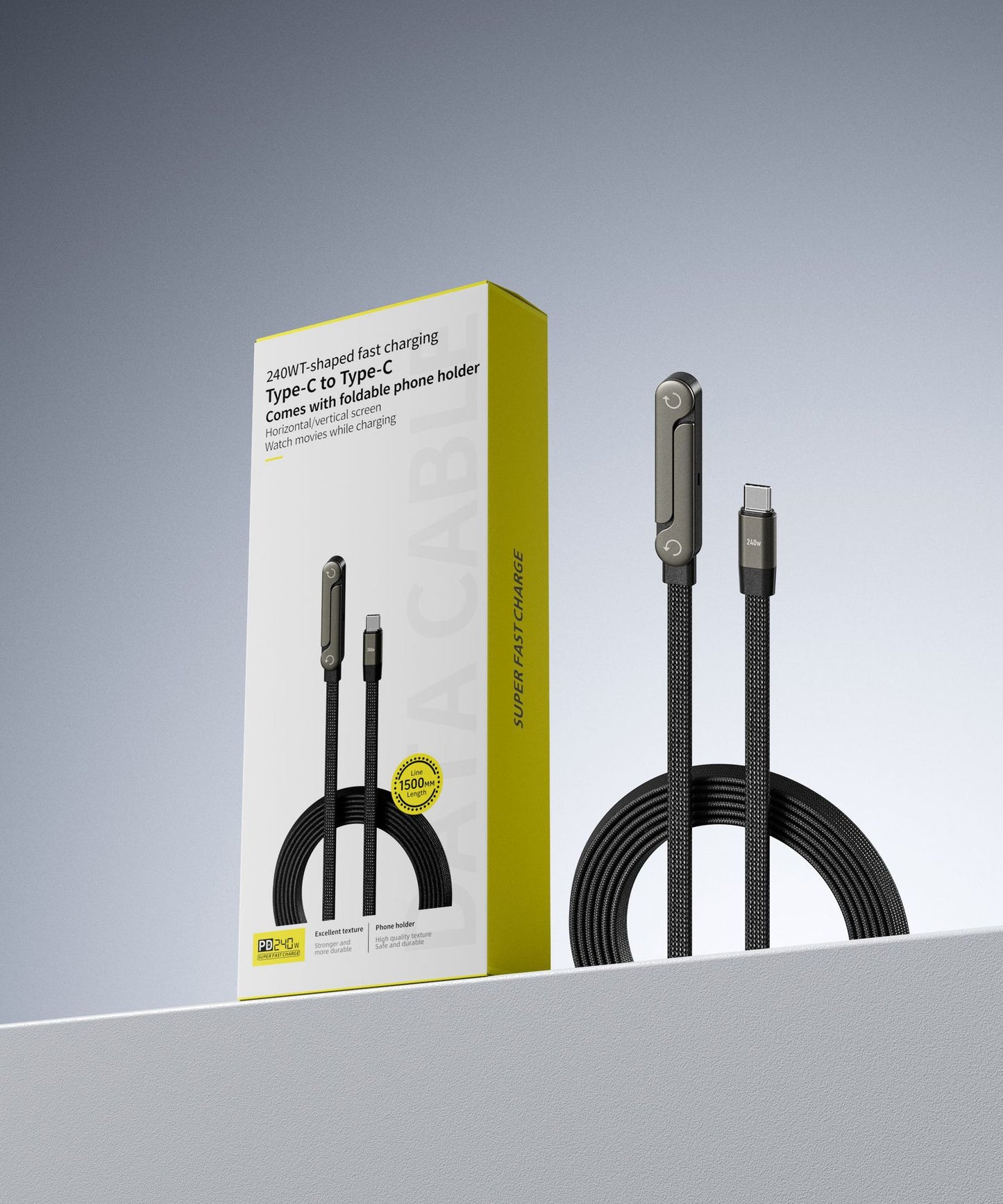 2-in-1 Fast Charging Cable with Built-In Foldable Phone Stand - 90° Elbow Braided Type-C Cable