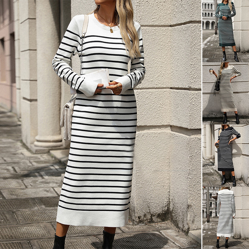 Knitted Striped Long Sleeve Dress - Slim Fit Pullover Dress with Splicing Detail