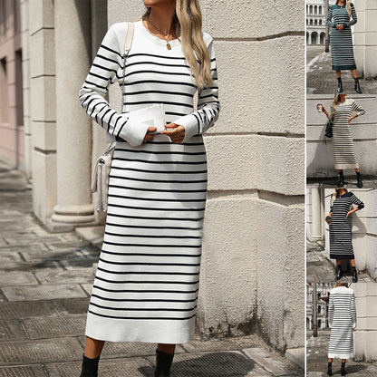 Knitted Striped Long Sleeve Dress - Slim Fit Pullover Dress with Splicing Detail