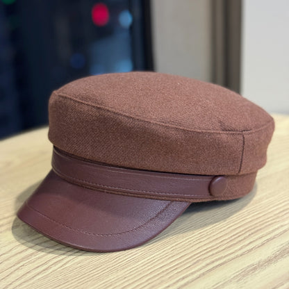 Retro PU Leather Flat-Top Wool Hat - Adjustable Winter Cap