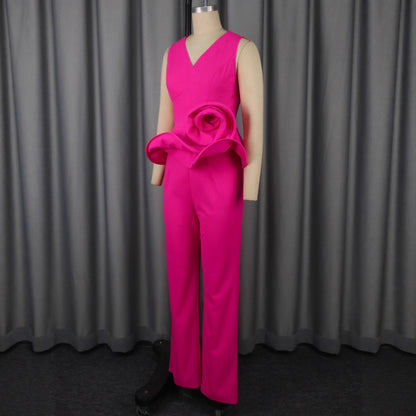 Women's 3D Floral V-Neck Sleeveless Top & High-Waist Straight-Leg Pants Set