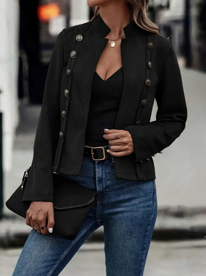 Double-Breasted Suede Jacket - Retro Stand Collar Polyester Coat