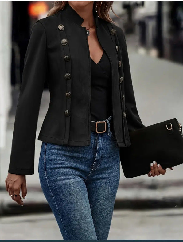 Double-Breasted Suede Jacket - Retro Stand Collar Polyester Coat