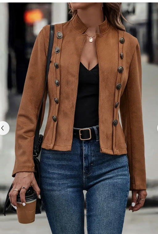 Double-Breasted Suede Jacket - Retro Stand Collar Polyester Coat