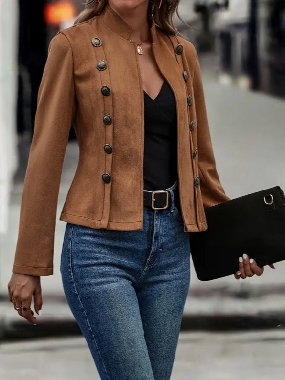 Double-Breasted Suede Jacket - Retro Stand Collar Polyester Coat