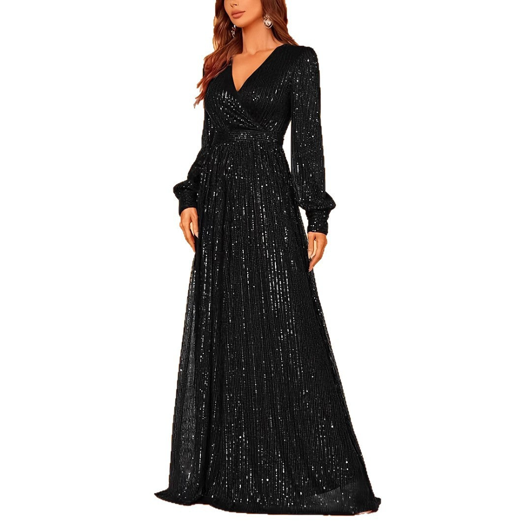 Sequin Long Sleeve V-Neck High Waist Evening Dress | Elegant Dinner Gown