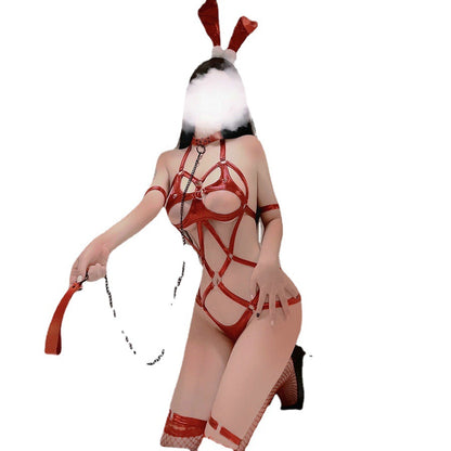 Patent Leather Bodysuit Costume Set with Accessories - One Size