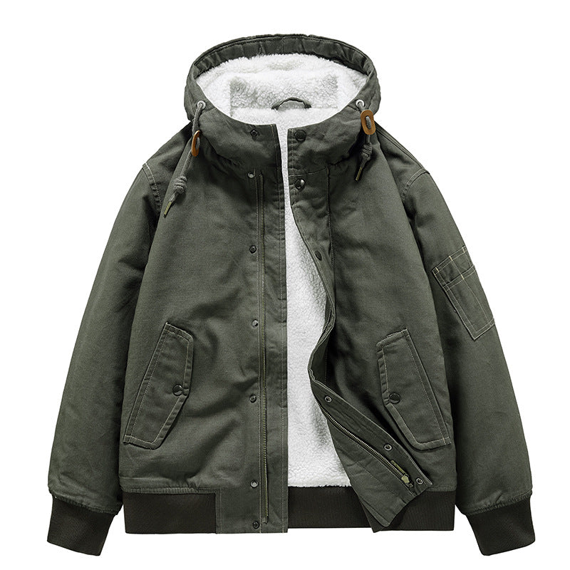 Men's Hooded Cotton Coat - Loose Fit Jacket with Fur Collar