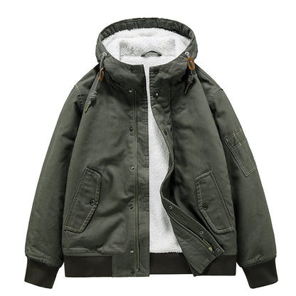 Men's Hooded Cotton Coat - Loose Fit Jacket with Fur Collar