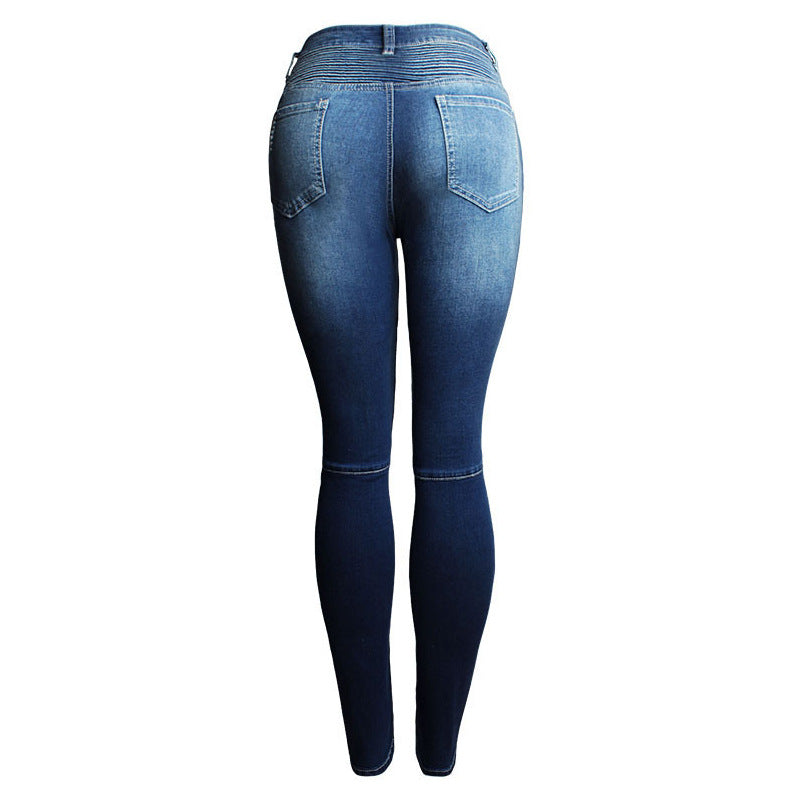 Women's Motorcycle Biker Skinny Jeans - Mid-High Waist Stretch Denim with Zipper Detail