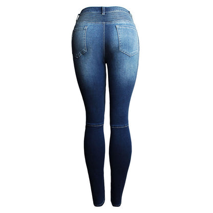 Women's Motorcycle Biker Skinny Jeans - Mid-High Waist Stretch Denim with Zipper Detail