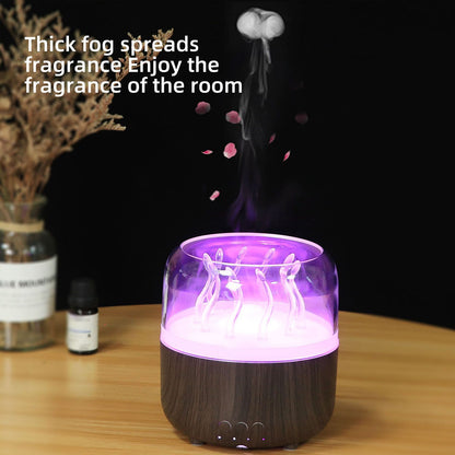 Wood Grain Jellyfish Ambience Light Humidifier - Rotating Dynamic Spray Aromatherapy Diffuser