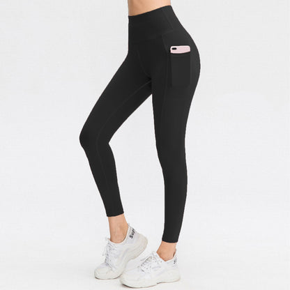 Brushed Side Pocket High-Waist Yoga Leggings - Peach Hip Belly Control