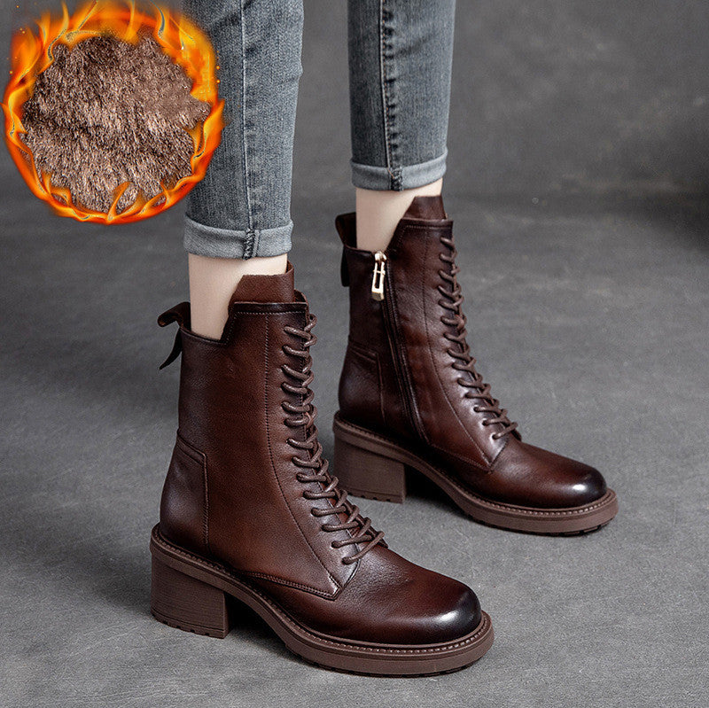 Cowhide Leather Mid-Barrel Martin Boots - Women's Vintage Knight Boots with Anti-Slip Rubber Sole