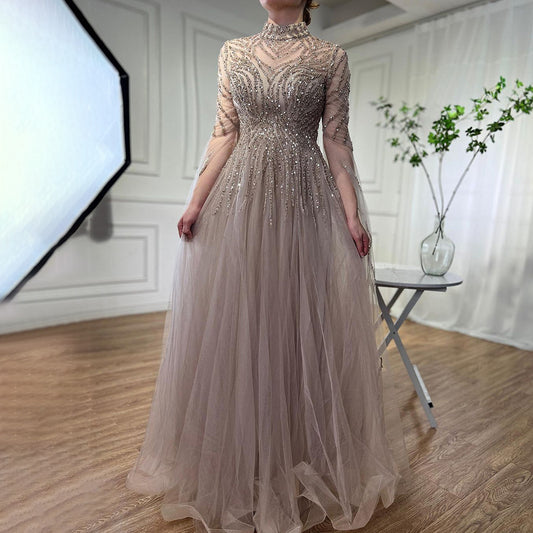 Elegant Organza Dress - Long Sleeve Mid-Waist Formal Gown for Special Occasions