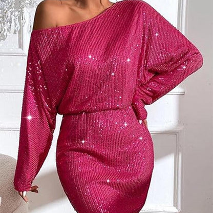 Sequined Off-Shoulder Shirt Dress - Short Sleeve Loose Pullover Long Dress