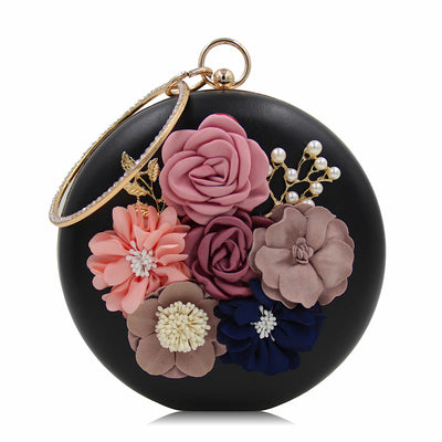 Elegant Round Box Clutch with Floral Detail - PU Leather Evening Bag