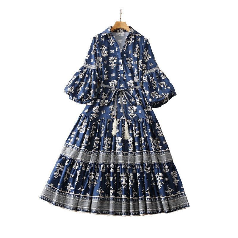 Elegant V-Neck Lantern Sleeve Printed Dress - Cotton Silk Blend