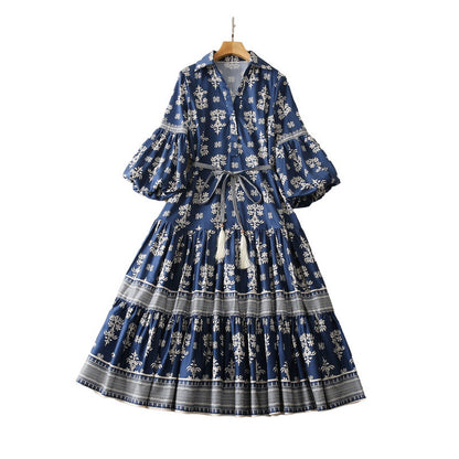 Elegant V-Neck Lantern Sleeve Printed Dress - Cotton Silk Blend