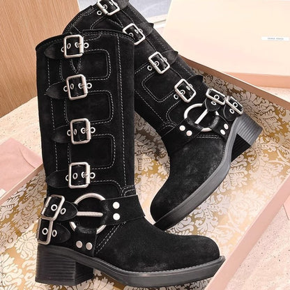 Genuine Leather Cowboy Boots - Vintage Knight Belt Buckle High Tube Boots