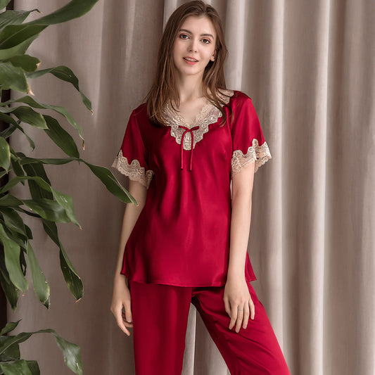 Women's Two-Piece Silk Pajama Set - V-Neck Top with Cropped Pants