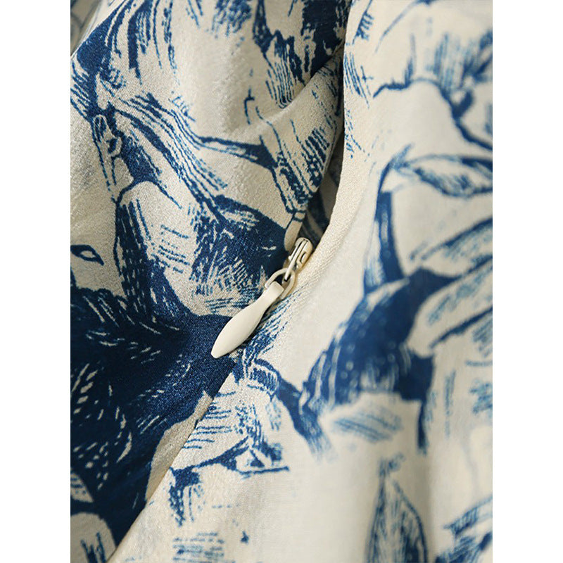 Chinese Style Heavyweight Silk Dress - Blue and White Porcelain Pattern