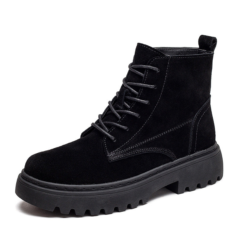 Women's Cowhide Leather Martin Boots - British Style with Lace-Up Front and Square Heel