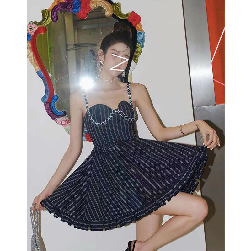 Diamond-Studded Striped Halter Dress - A-Line Ruffled Waist Skirt