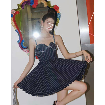 Diamond-Studded Striped Halter Dress - A-Line Ruffled Waist Skirt