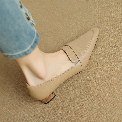 Full-Grain Sheepskin Pointed-Toe Chunky Heel Shoes - Women's Spring Pumps