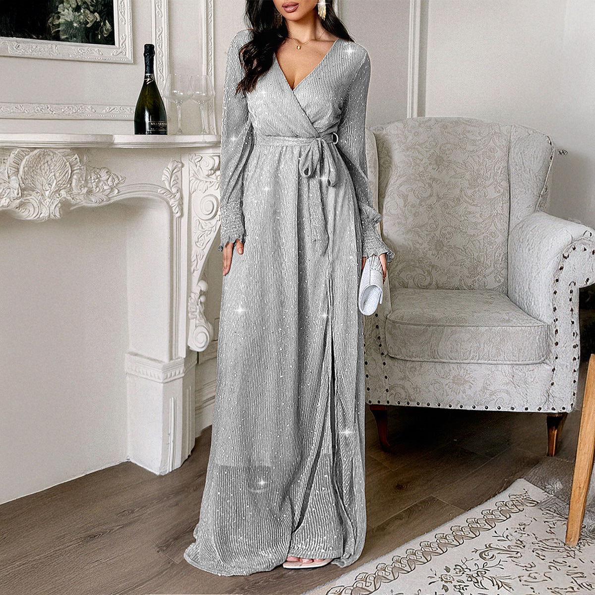 Women's Elegant Polka Dot Long-Sleeve Maxi Dress - A-Line Casual Dress