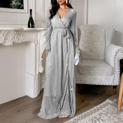 Women's Elegant Polka Dot Long-Sleeve Maxi Dress - A-Line Casual Dress