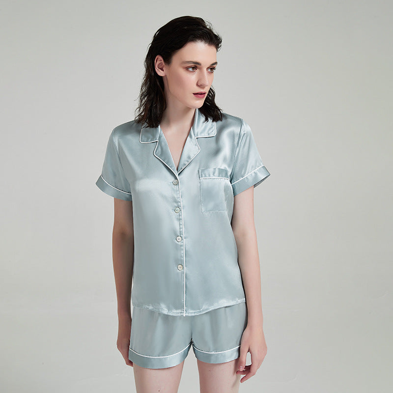 Women's Luxe Silk Short Sleeve Pajama Set - Mulberry Silk Summer Sleepwear with V-Neck Top and Shorts