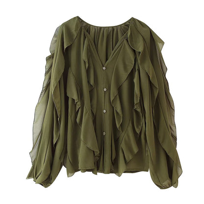 Women's Western-Style V-Neck Layered-Design Blouse - Elegant Long Sleeve Top