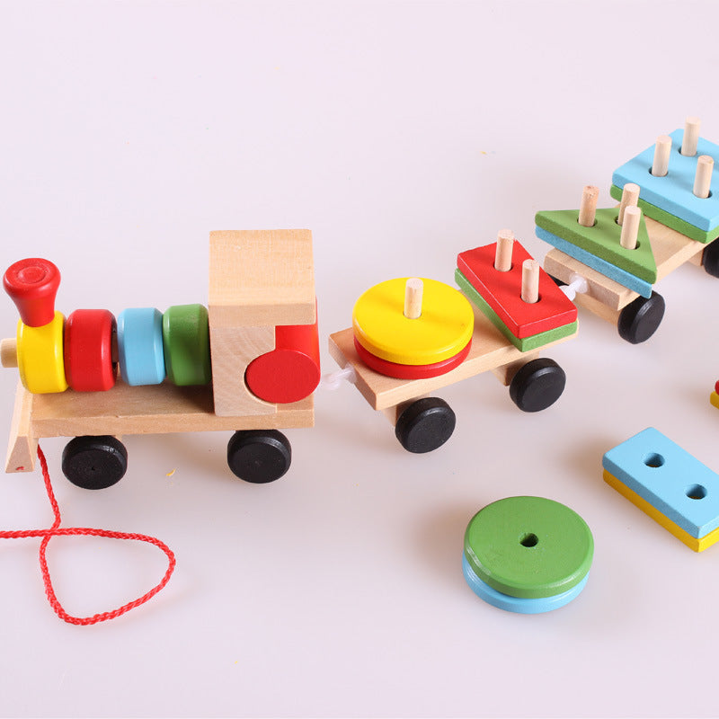 Wooden Train Toy Set with Shape Blocks - Educational Puzzle for Kids