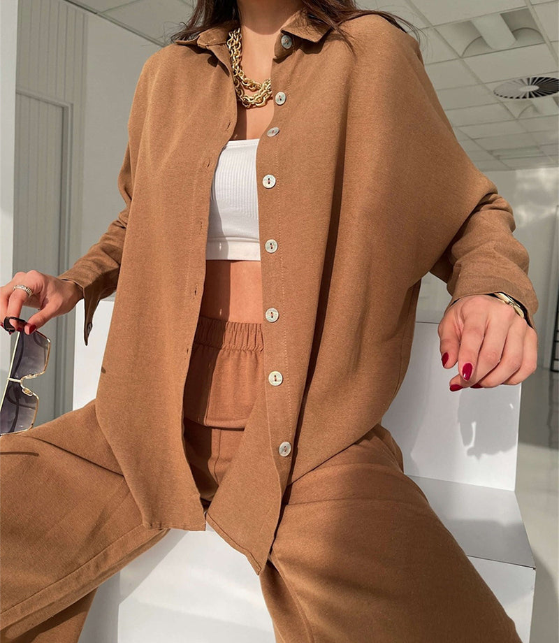 Women's Button Down Lounge Set - Long Sleeve 2-Piece Casual Loungewear with Pockets