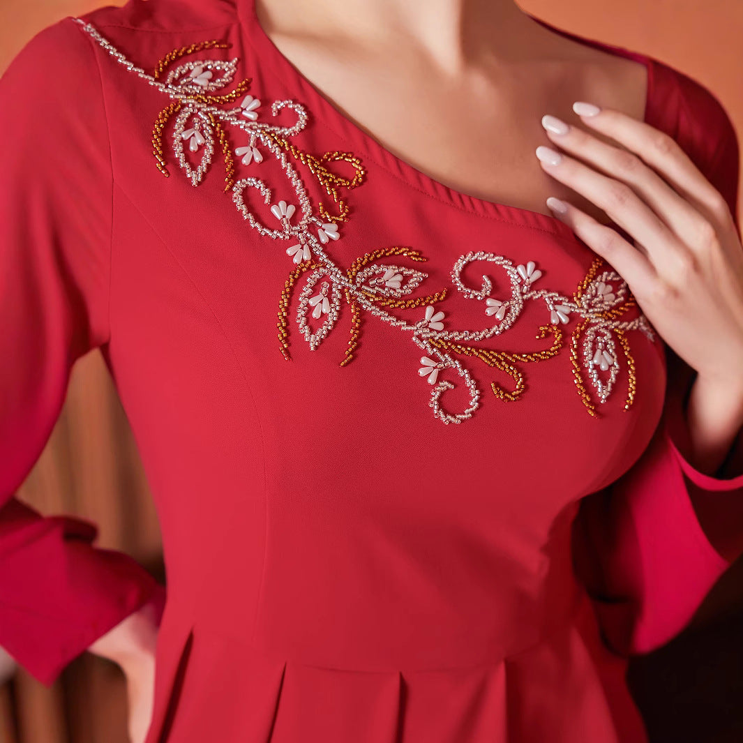 Women's Off-the-Shoulder Maxi Dress – Hand-Sewn Crystal Embellishment Evening Gown