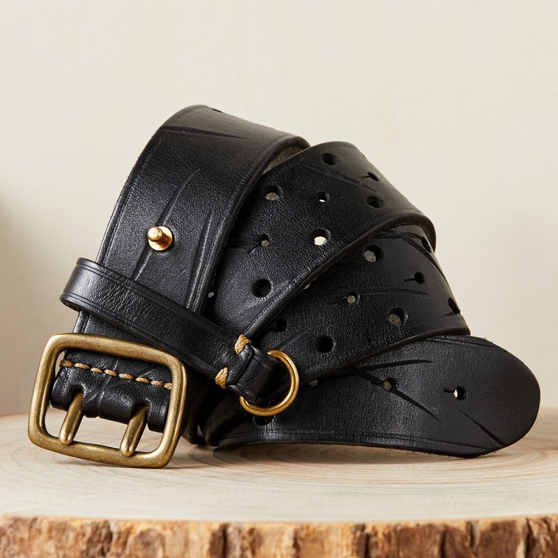 Men's Genuine Leather Cowhide Belt - Retro Copper Buckle Jeans Belt